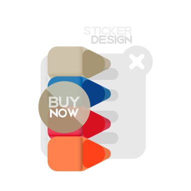 Düz tasarım üçgen ok şekli geometrik etiket simgesi, kağıt tarzı tasarım ile satın iş veya web sunumu, app veya arayüzü düğmeleri, internet web sitesi için örnek metin depolamak şimdi afiş