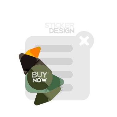 Düz tasarım üçgen ok şekli geometrik etiket simgesi, kağıt tarzı tasarım ile satın iş veya web sunumu, app veya arayüzü düğmeleri, internet web sitesi için örnek metin depolamak şimdi afiş