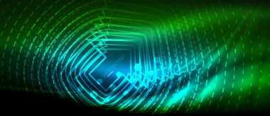 Neon parlayan dalga, sihirli enerji ve ışık arka plan. Duvar kağıdı şablonu, yüksek teknoloji gelecek kavramı