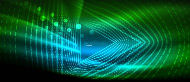 Neon parlayan dalga, sihirli enerji ve ışık arka plan. Duvar kağıdı şablonu, yüksek teknoloji gelecek kavramı