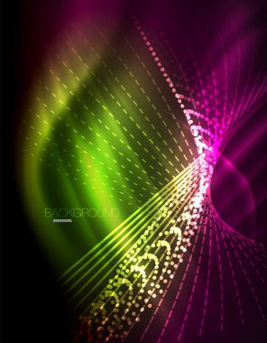 Yumuşak ışık efekti, parlak parlak neon koyu arka plan üzerinde düz çizgiler. Enerji Teknoloji fikir