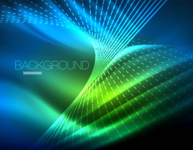 Yumuşak ışık efekti, parlak parlak neon koyu arka plan üzerinde düz çizgiler. Enerji Teknoloji fikir