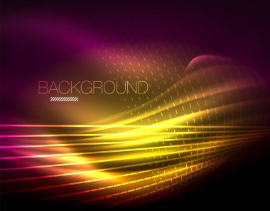 Yumuşak ışık efekti, parlak parlak neon koyu arka plan üzerinde düz çizgiler. Enerji Teknoloji fikir