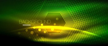 Neon parlayan dalga, sihirli enerji ve ışık arka plan. Duvar kağıdı şablonu, yüksek teknoloji gelecek kavramı