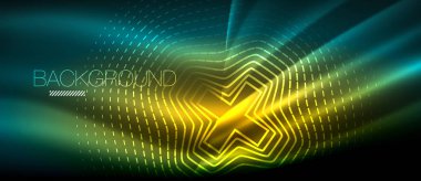 Neon parlayan dalga, sihirli enerji ve ışık arka plan. Duvar kağıdı şablonu, yüksek teknoloji gelecek kavramı