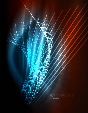 Yumuşak ışık efekti, parlak parlak neon koyu arka plan üzerinde düz çizgiler. Enerji Teknoloji fikir. Vektör çizim