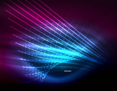 Yumuşak ışık efekti, parlak parlak neon koyu arka plan üzerinde düz çizgiler. Enerji Teknoloji fikir