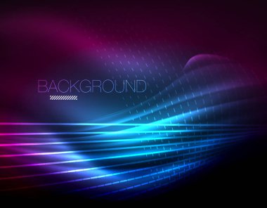 Yumuşak ışık efekti, parlak parlak neon koyu arka plan üzerinde düz çizgiler. Enerji Teknoloji fikir