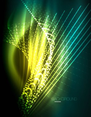 Yumuşak ışık efekti, parlak parlak neon koyu arka plan üzerinde düz çizgiler. Enerji Teknoloji fikir