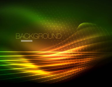 Yumuşak ışık efekti, parlak parlak neon koyu arka plan üzerinde düz çizgiler. Enerji Teknoloji fikir