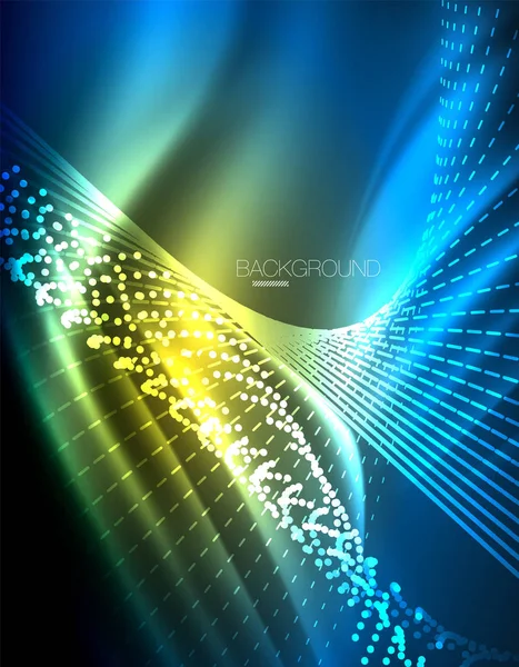 Smooth light effect, straight lines on glowing shiny neon dark background. Energy technology idea — Stock Vector