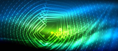 Neon parlayan dalga, sihirli enerji ve ışık arka plan. Duvar kağıdı şablonu, yüksek teknoloji gelecek kavramı