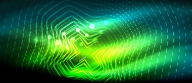 Neon parlayan dalga, sihirli enerji ve ışık arka plan. Duvar kağıdı şablonu, yüksek teknoloji gelecek kavramı