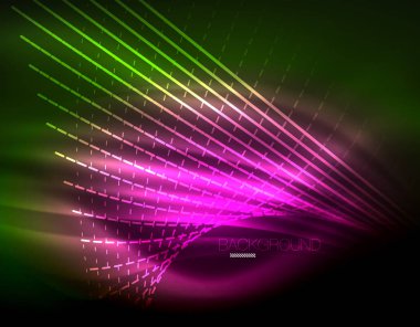 Yumuşak ışık efekti, parlak parlak neon koyu arka plan üzerinde düz çizgiler. Enerji Teknoloji fikir