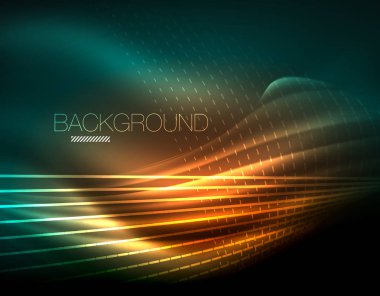 Yumuşak ışık efekti, parlak parlak neon koyu arka plan üzerinde düz çizgiler. Enerji Teknoloji fikir