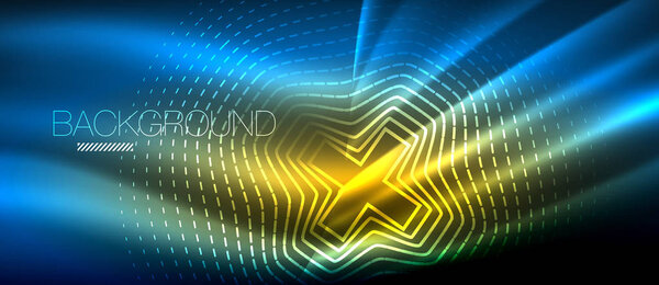 Неоновая светящаяся волна, волшебная энергия и световое движение фона. Шаблон обоев, высокотехнологичная концепция будущего
