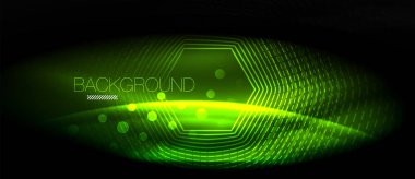 Neon parlayan dalga, sihirli enerji ve ışık arka plan. Vektör duvar kağıdı şablonu, yüksek teknoloji gelecek kavramı