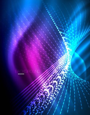 Yumuşak ışık efekti, parlak parlak neon koyu arka plan üzerinde düz çizgiler. Enerji Teknoloji fikir