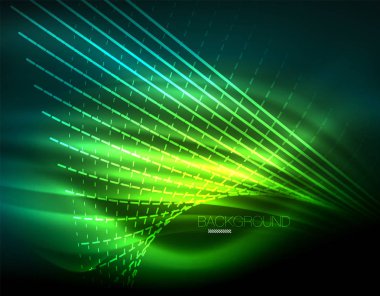 Yumuşak ışık efekti, parlak parlak neon koyu arka plan üzerinde düz çizgiler. Enerji Teknoloji fikir