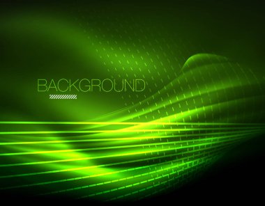 Yumuşak ışık efekti, parlak parlak neon koyu arka plan üzerinde düz çizgiler. Enerji Teknoloji fikir