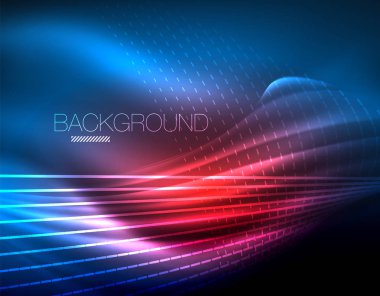 Yumuşak ışık efekti, parlak parlak neon koyu arka plan üzerinde düz çizgiler. Enerji Teknoloji fikir. Vektör çizim