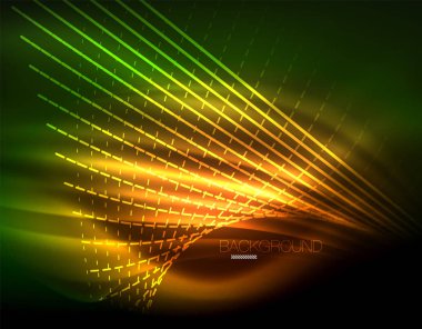 Yumuşak ışık efekti, parlak parlak neon koyu arka plan üzerinde düz çizgiler. Enerji Teknoloji fikir