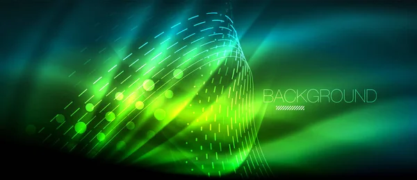 Neon glowing wave, magic energy and light motion background. Wallpaper template, hi-tech future concept — Stock Vector