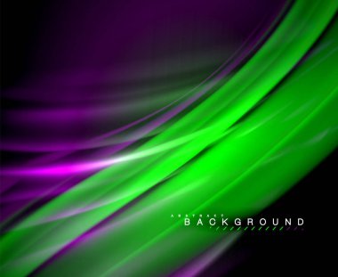 Neon parlayan dalga, sihirli enerji ve ışık arka plan. Vektör duvar kağıdı şablonu