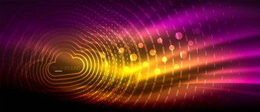 Neon parlayan dalga, sihirli enerji ve ışık arka plan. Duvar kağıdı şablonu, yüksek teknoloji gelecek kavramı