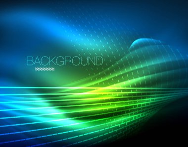 Yumuşak ışık efekti, parlak parlak neon koyu arka plan üzerinde düz çizgiler. Enerji Teknoloji fikir