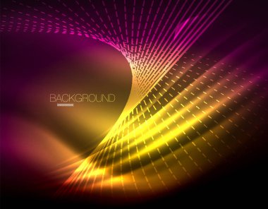 Yumuşak ışık efekti, parlak parlak neon koyu arka plan üzerinde düz çizgiler. Enerji Teknoloji fikir