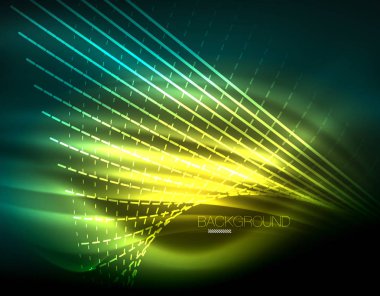 Yumuşak ışık efekti, parlak parlak neon koyu arka plan üzerinde düz çizgiler. Enerji Teknoloji fikir