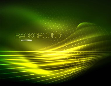 Yumuşak ışık efekti, parlak parlak neon koyu arka plan üzerinde düz çizgiler. Enerji Teknoloji fikir