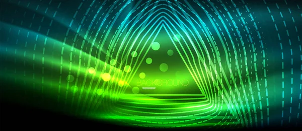 Onda brillante de neón, energía mágica y fondo de movimiento de luz. Plantilla de fondo de pantalla, concepto de futuro de alta tecnología — Vector de stock