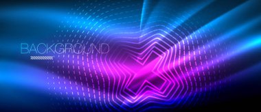 Neon parlayan dalga, sihirli enerji ve ışık arka plan. Duvar kağıdı şablonu, yüksek teknoloji gelecek kavramı