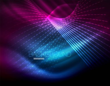 Yumuşak ışık efekti, parlak parlak neon koyu arka plan üzerinde düz çizgiler. Enerji Teknoloji fikir