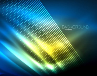 Yumuşak ışık efekti, parlak parlak neon koyu arka plan üzerinde düz çizgiler. Enerji Teknoloji fikir