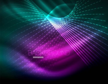 Yumuşak ışık efekti, parlak parlak neon koyu arka plan üzerinde düz çizgiler. Enerji Teknoloji fikir