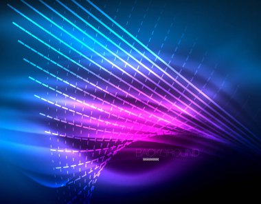 Yumuşak ışık efekti, parlak parlak neon koyu arka plan üzerinde düz çizgiler. Enerji Teknoloji fikir