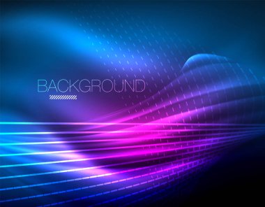 Yumuşak ışık efekti, parlak parlak neon koyu arka plan üzerinde düz çizgiler. Enerji Teknoloji fikir