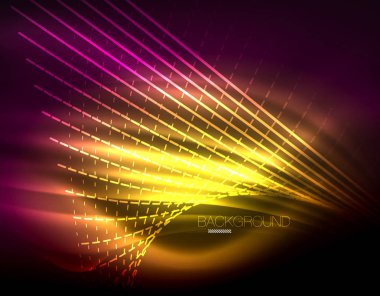 Yumuşak ışık efekti, parlak parlak neon koyu arka plan üzerinde düz çizgiler. Enerji Teknoloji fikir