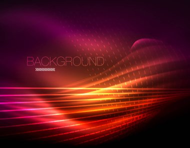 Yumuşak ışık efekti, parlak parlak neon koyu arka plan üzerinde düz çizgiler. Enerji Teknoloji fikir