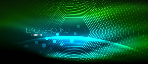 Neon parlayan dalga, sihirli enerji ve ışık arka plan. Duvar kağıdı şablonu, yüksek teknoloji gelecek kavramı
