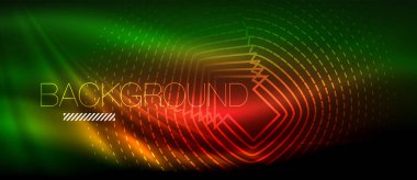 Neon parlayan dalga, sihirli enerji ve ışık arka plan. Duvar kağıdı şablonu, yüksek teknoloji gelecek kavramı