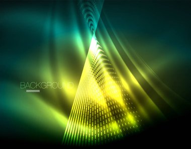 Yumuşak ışık efekti, parlak parlak neon koyu arka plan üzerinde düz çizgiler. Enerji Teknoloji fikir