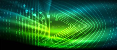 Neon parlayan dalga, sihirli enerji ve ışık arka plan. Duvar kağıdı şablonu, yüksek teknoloji gelecek kavramı