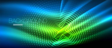 Neon parlayan dalga, sihirli enerji ve ışık arka plan. Duvar kağıdı şablonu, yüksek teknoloji gelecek kavramı