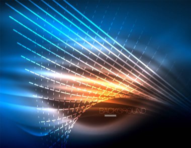 Yumuşak ışık efekti, parlak parlak neon koyu arka plan üzerinde düz çizgiler. Enerji Teknoloji fikir