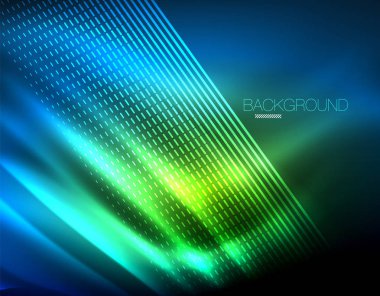 Yumuşak ışık efekti, parlak parlak neon koyu arka plan üzerinde düz çizgiler. Enerji Teknoloji fikir