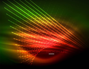 Yumuşak ışık efekti, parlak parlak neon koyu arka plan üzerinde düz çizgiler. Enerji Teknoloji fikir